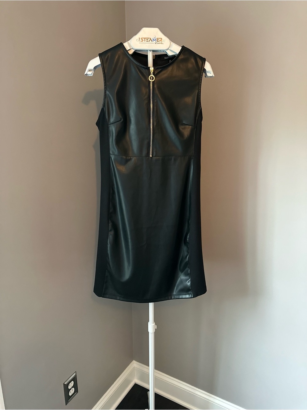 Ellen Tracy Black Faux Leather Sleeveless Zip-Front Sheath Dress - Picture 3 of 6